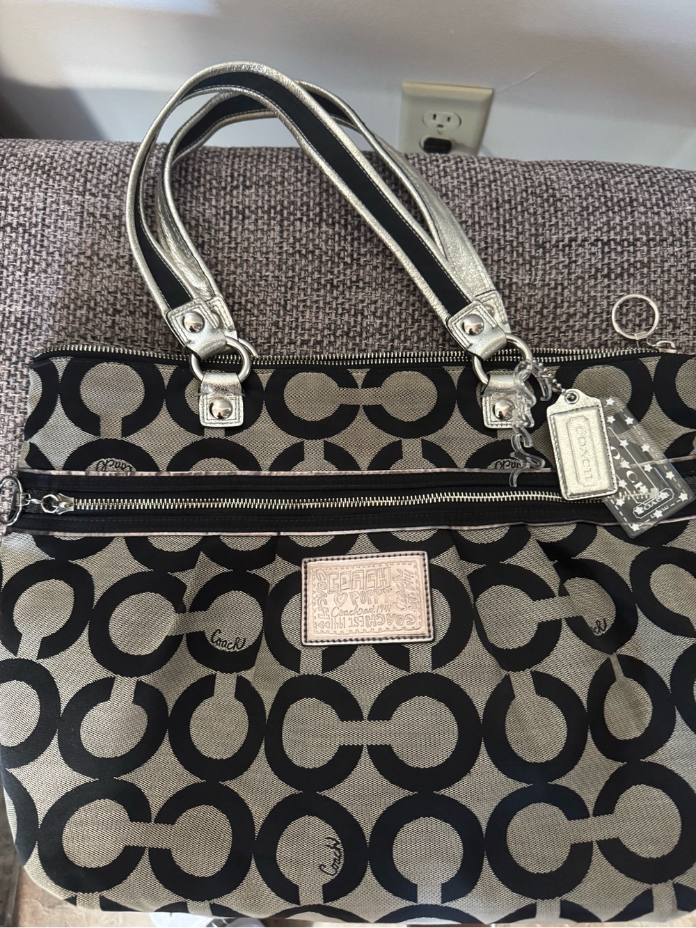 Coach Black & Tan Signature Circle Shoulder Bag with Silver Hardware
